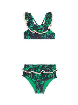 Little Girl's & Girl's 2-Piece Tiggy Scoopneck Ruffled Bikini - Navy Green Paisley - Size 2 - Navy Green Paisley - Size 2
