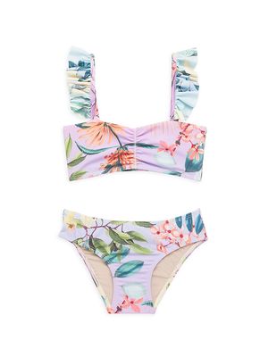 Little Girl's & Girl's 2-Piece Tropical Print Ruffle-Trim Bikini - Lavender Oasis - Size 2 - Lavender Oasis - Size 2