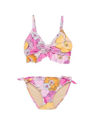 Little Girl's & Girl's Blooming Hibiscus Ruffle Knot Bikini - Size 7 - Size 7