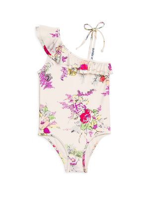 Little Girl's & Girl's Clover Frill One-Shoulder One-Piece Swimsuit - Lipstick Garden Floral - Size 2 - Lipstick Garden Floral - Size 2