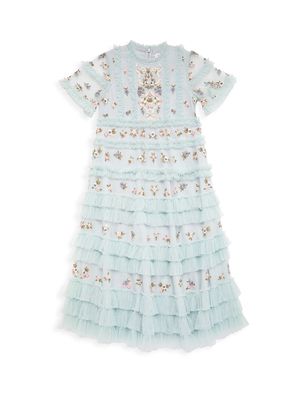 Little Girl's & Girl's Floral Embroidery Ruffle Trim Dress - Blue Multi - Size 2