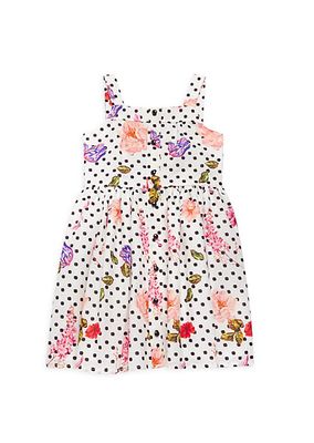 Little Girl's & Girl's Floral Polka Dot Buttoned Dress