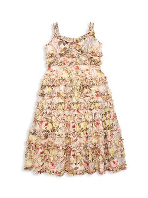 Little Girl's & Girl's Floral Print Ruffle Tiered Midi Dress - Ivory Multi - Size 2