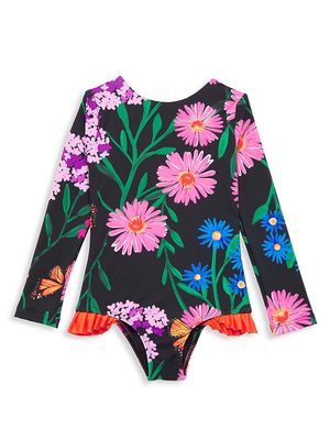 Little Girl's & Girl's Mutuo Knot Long-Sleeve Swimsuit - Black Floral - Size 4 - Black Floral - Size 4