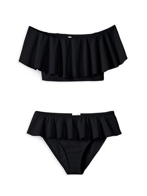 Little Girl's & Girl's Off-The-Shoulder Ruffle 2-Piece Bikini - Black - Size 14 - Black - Size 14