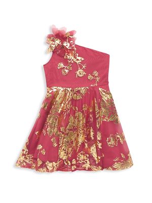 Little Girl's & Girl's One-Shoulder Foil Stamp Dress - Coral - Size 2 - Coral - Size 2