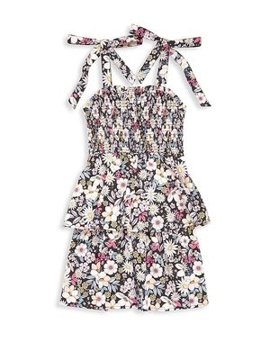 Little Girl's & Girl's Retro Floral Printed Flared Dress - Black Multi - Size 6 - Black Multi - Size 6
