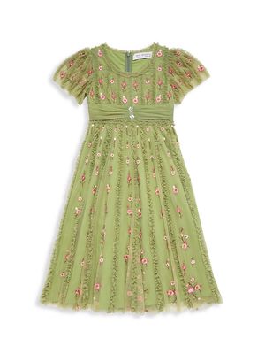 Little Girl's & Girl's Ruffle Flutter Sleeve Floral Mini Dress - Moss Green - Size 2 - Moss Green - Size 2