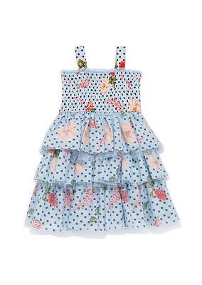 Little Girl's & Girl's Smocked Floral & Polka Dot Tiered Dress