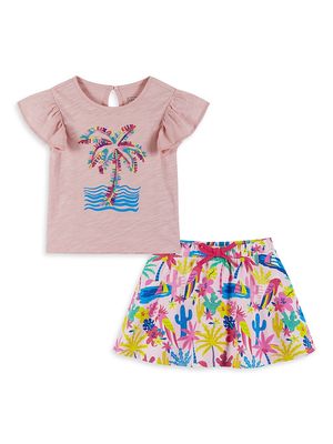 Little Girl's Graphic T-Shirt & Tropical Skort Set - Pink - Size 2