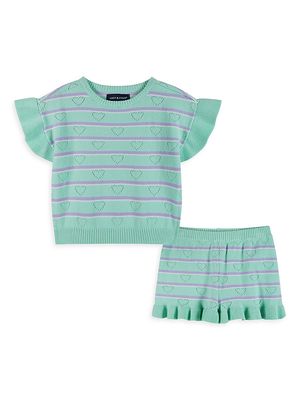 Little Girl's Heart Striped Knit Ruffled Top & Shorts Set - Aqua - Size 6