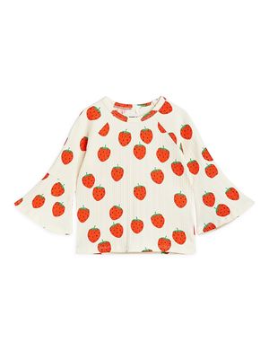 Little Girl's Strawberries Print Trumpet Sleeve Top - Off White - Size 4 - Off White - Size 4