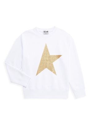 Little Kid's & Kid's Glittery Star Crewneck Sweatshirt - White Gold - Size 10 - White Gold - Size 10