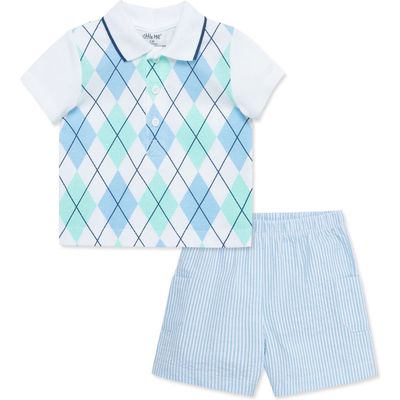 Little Me Argyle Cotton Polo & Stripe Shorts Set in Blue 