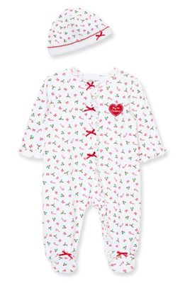 Little Me Candy Cane Holiday Cotton Footie & Hat Set in White