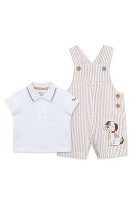 Little Me Cotton Polo & Puppy Embroidered Shortalls Set in Tan