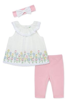 Little Me Cotton Tulip Border Top, Leggings & Headband Set in Pink 