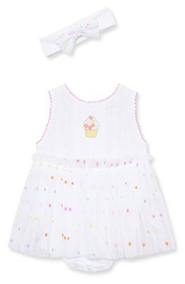 Little Me Cupcakes Embroidered Cotton Skirted Romper & Headband Set in White