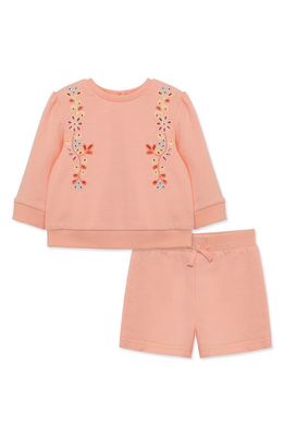 Little Me Eyelet Embroidered Sweatshirt & Shorts Set in Pink