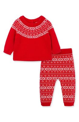 Little Me Fair Isle Cotton Crewneck Sweater & Joggers Set in Red