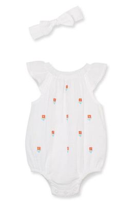 Little Me Floral Embroidered Cotton Romper & Headband in White