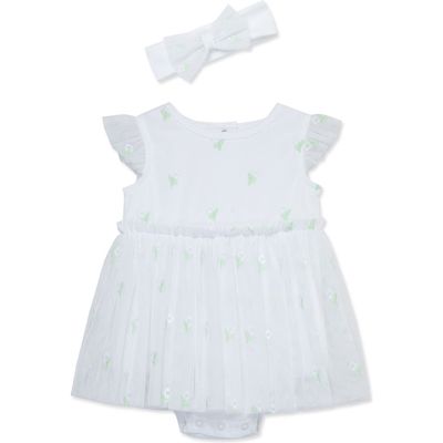 Little Me Floral Embroidered Tulle Skirted Bodysuit & Headband Set in White 