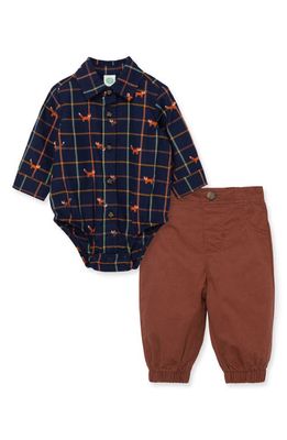 Little Me Fox Plaid Button-Up Bodysuit & Pants Set in Brown