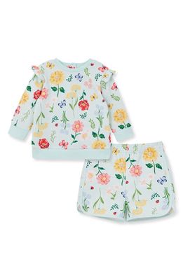 Little Me Garden Print Cotton Sweatshirt & Shorts Set in Aqua