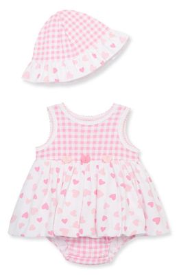 Little Me Hearts Gingham Cotton Skirted Romper & Hat Set in Pink