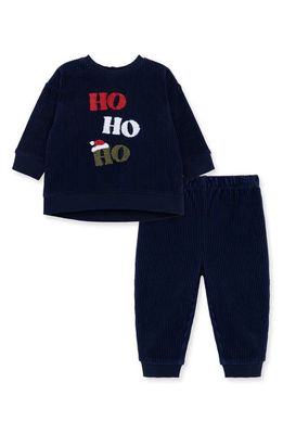Little Me Ho Ho Ho Velour Corduroy Sweatshirt & Joggers Set in Blue