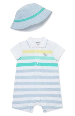 Little Me Kids' Stripe Romper & Hat Set in White/Blue