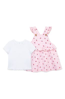 Little Me Lettuce Edge T-Shirt & Cherry Gingham Knit Pinefore Set in Pink