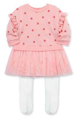 Little Me Polka Dot Ruffle Long Sleeve Dress & Tights Set in Pink