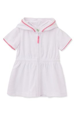 Little Me Pompom Trim Terry Hooded Cover-Up Dress in White