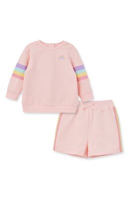Little Me Rainbow Stripe Cotton Sweatshirt & Sweatshorts Set in Pink