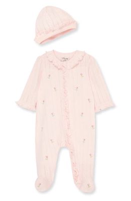 Little Me Rosebud Schiffli Embroidery Cotton Footie & Hat Set in Pink