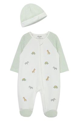 Little Me Safari Embroidered Cotton Footie & Hat Set in Ivory