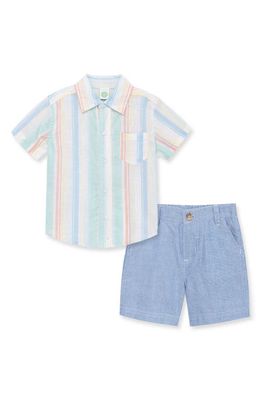 Little Me Stripe Cotton & Linen Camp Shirt & Shorts Set in Blue