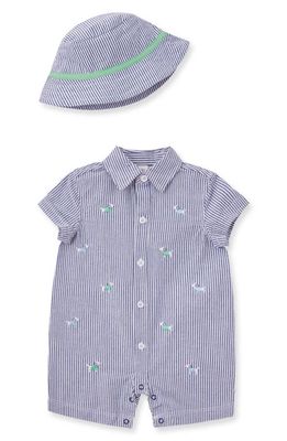 Little Me Stripe Embroidered Cotton Romper & Hat Set in Blue