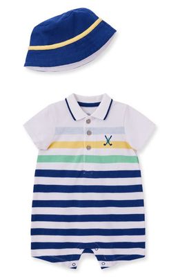 Little Me Stripe Short Sleeve Cotton Romper & Hat Set in Blue Stripe