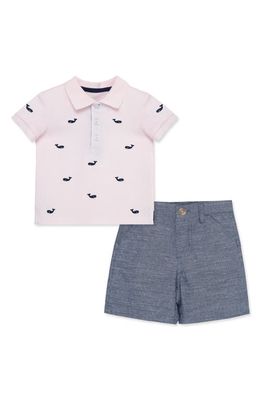 Little Me Whale Embroidered Polo & Slub Shorts Set in Blue 