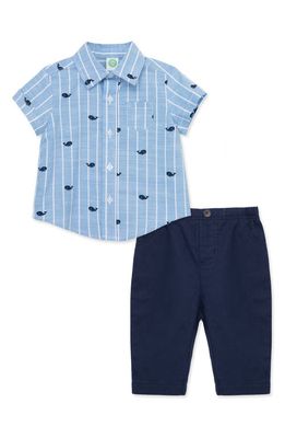 Little Me Whale Short Sleeve Button-Up Shirt & Pants Set in Blue