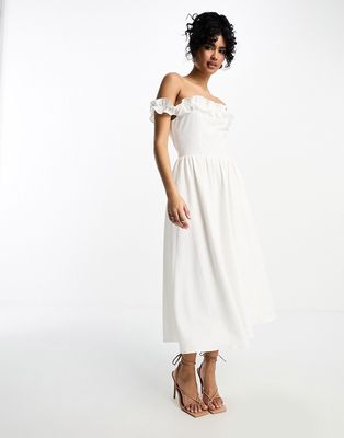 Little Mistress bardot midi dress with full skirt in white