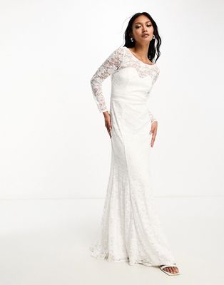 Little Mistress Bridal lace detail maxi dress with bow back in ivory-White