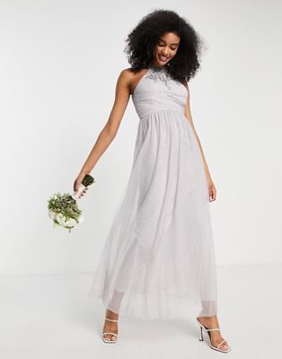 Little Mistress Bridesmaid embellished maxi dress in gray