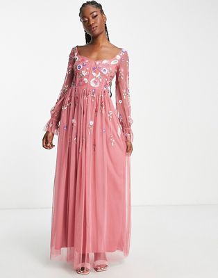 Little Mistress embroidered corset detail maxi dress in pink