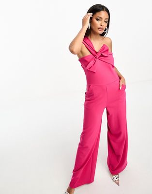 Little Mistress one-shoulder wide leg jumpsuit with bow in pink