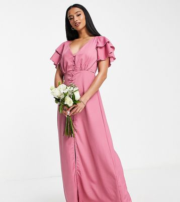Little Mistress Petite Bridesmaid satin maxi dress with flutter sleeves in dark pink