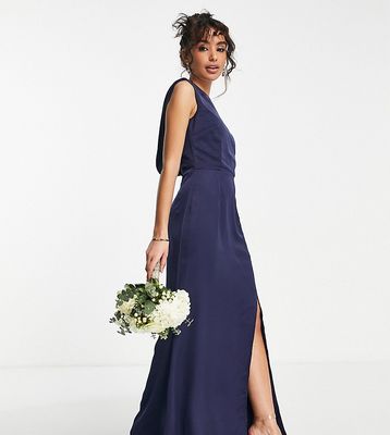 Little Mistress Petite Bridesmaid satin maxi dress with open back in navy