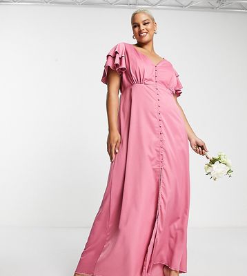 Little Mistress Plus Bridesmaid satin maxi dress with flutter sleeves in dark pink